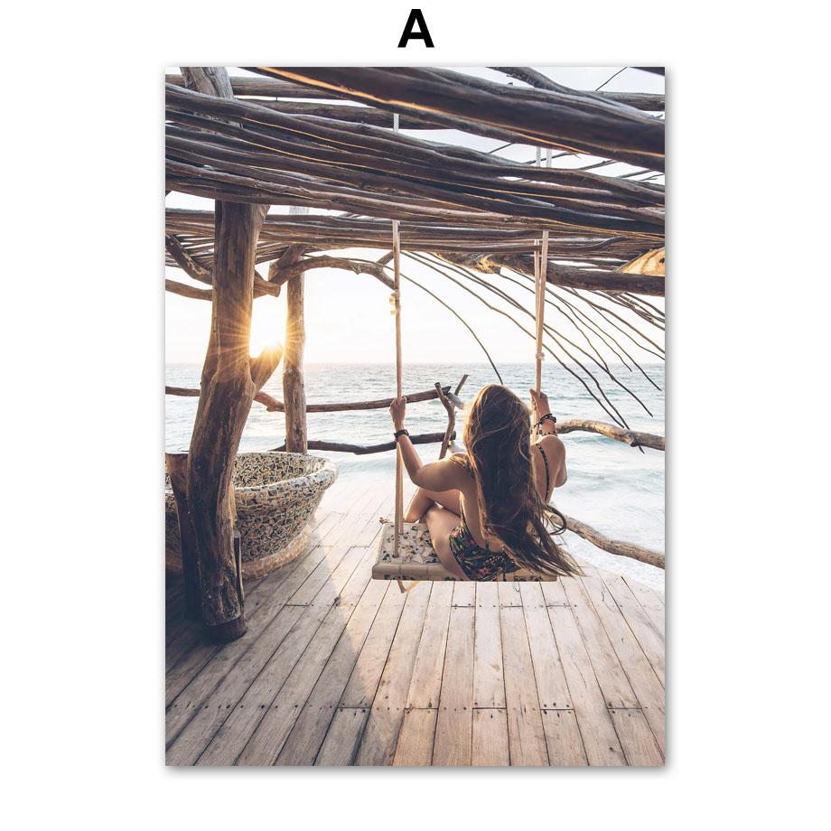 Coastal Flower Chalet Hat Girl Abstract Nordic Posters And Prints Wall Art Canvas Painting Wall Pictures For Living Room Decor