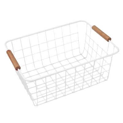Metal Desktop Storage Basket Rectangle White Black Iron Wired Basket Large Capacity with Wood Handle Sundries Container
