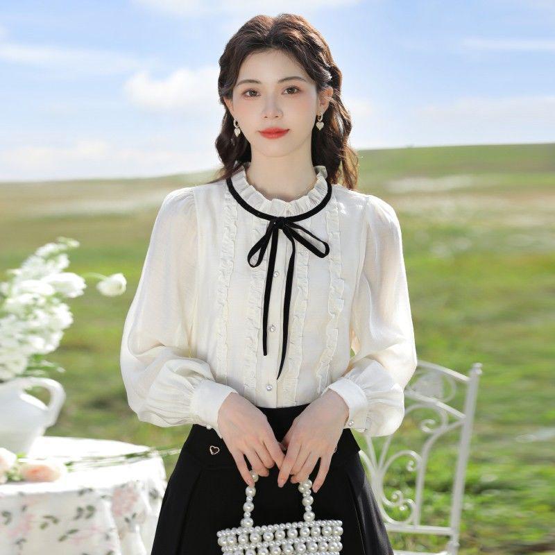 

Женская шифоновая рубашка с флисовой подкладкой и воротником-стойкой - Мода осени 2025 XXS