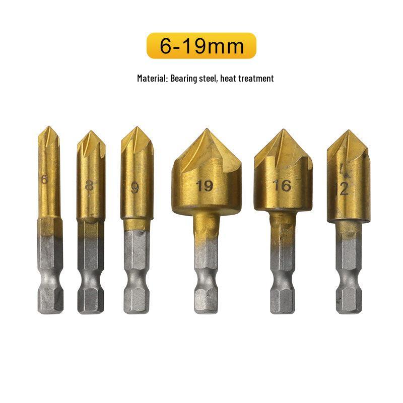 Hex Shank Five-Flute Countersink Bit Set (6-Piece: 6mm-19mm) Woodworking Hole Opener