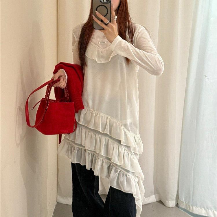 Korean Inspired Spring/Summer 2026 Irregular Multi-layered Chiffon Camisole Dress with Ruffled Hem One Size белый