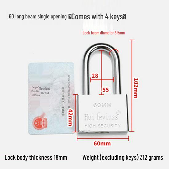 Blade-Shaped Stainless Steel Padlock, Square Head, 30mm, Ideal for Doors, Dorm Rooms, Cabinets, Long-Shank Anti-Theft Design.