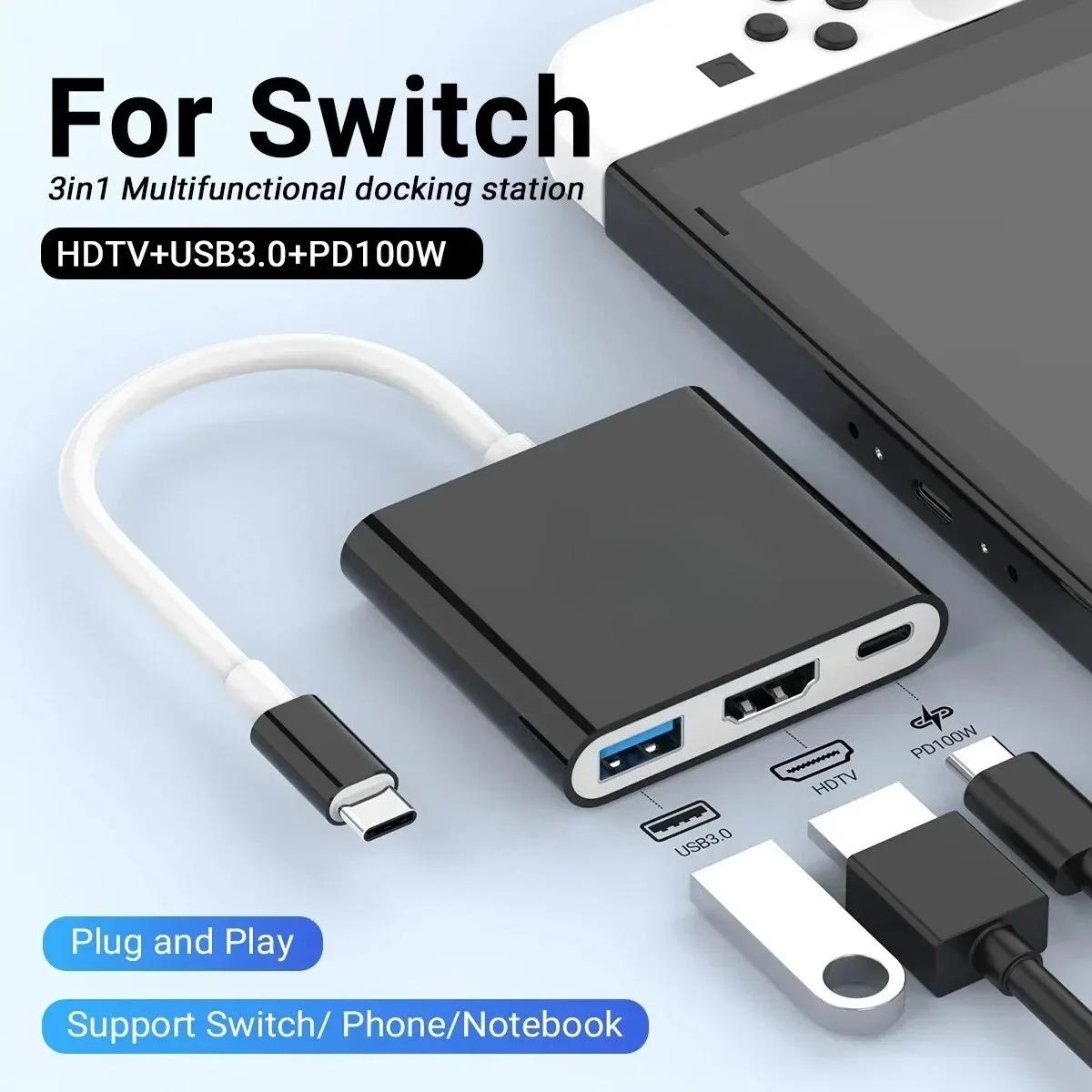 

3 IN 1 Portable Nintendo Switch Docking Station TYPE-C To 4K HDTV Hub with HDMI and USB 3.0 for Steam Deck Phone IPad Laptop black and white