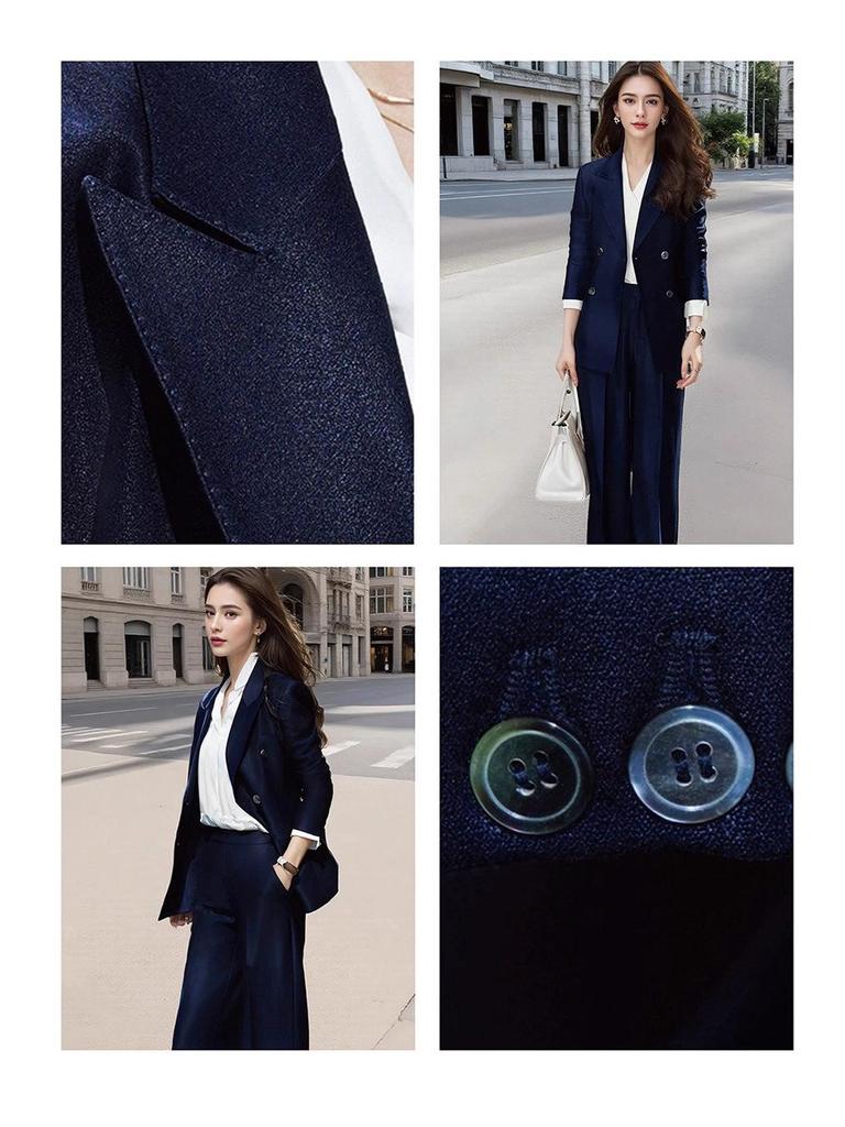 Navy Blue Women's High-End Suit: Spring/Autumn Edition with Wide-Leg Pants for Professional Use