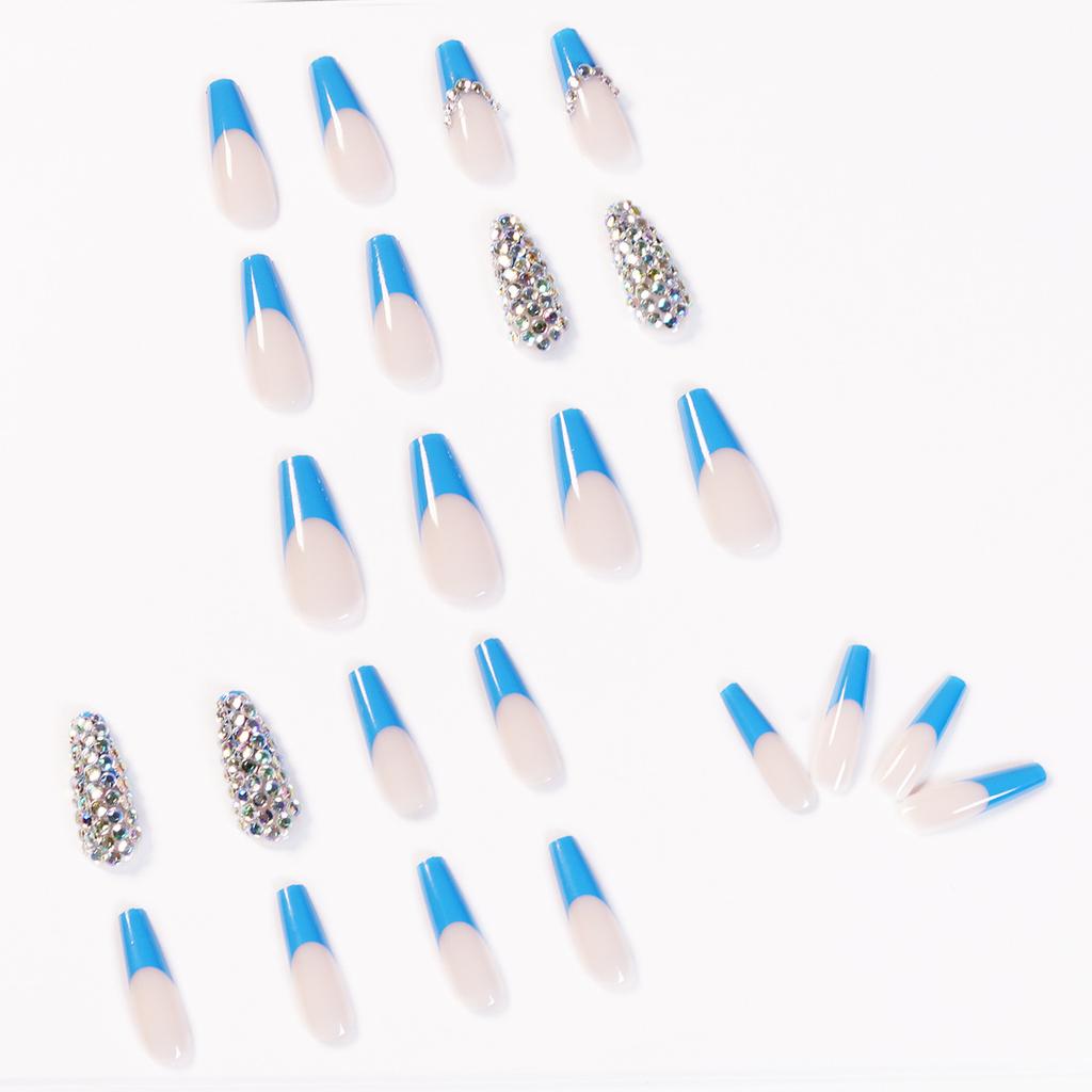 Blue French full diamond presson nail wear nail art finished fake nail removable nail patch