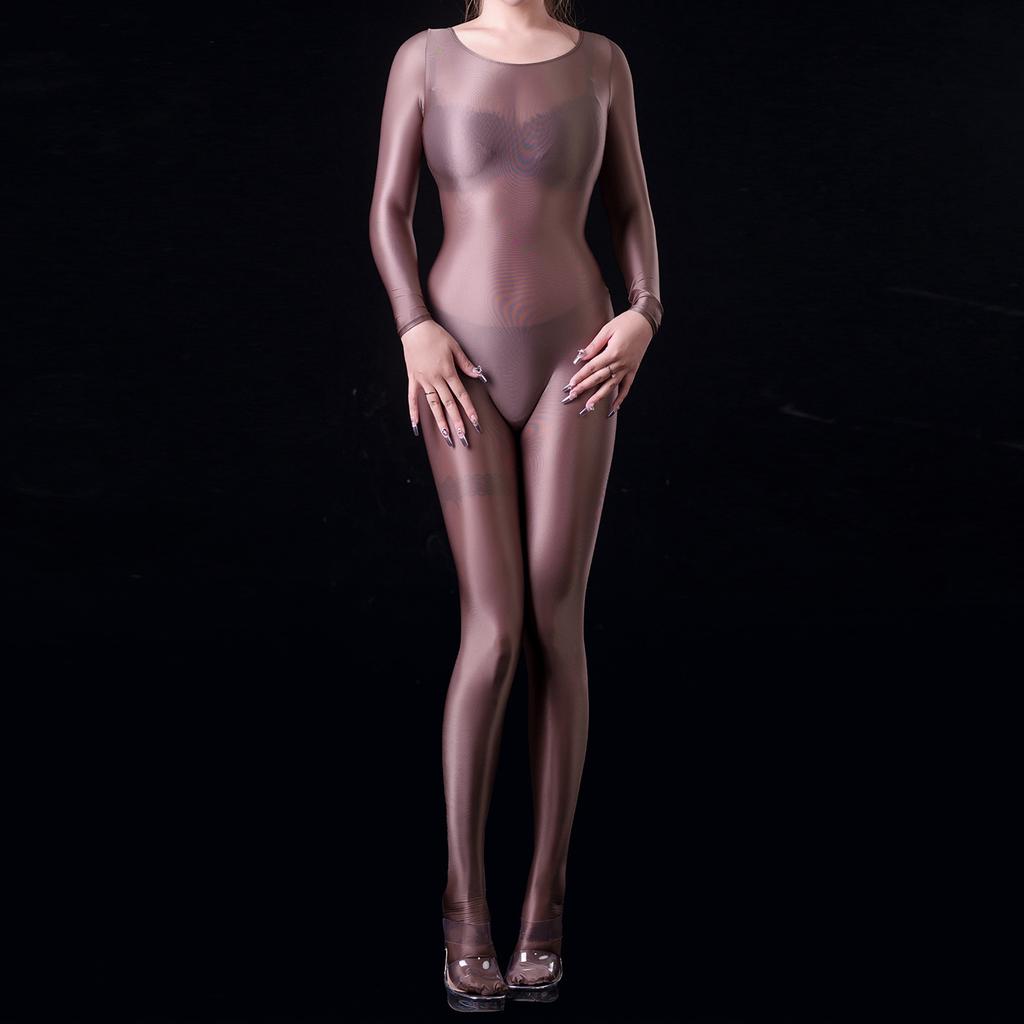 Sexy Women Oil Glossy Shiny Elastic Bodysuit Yoga Shapping Tights Bodycon Rompers Silky Satin Jumpsuits Maid Leotard