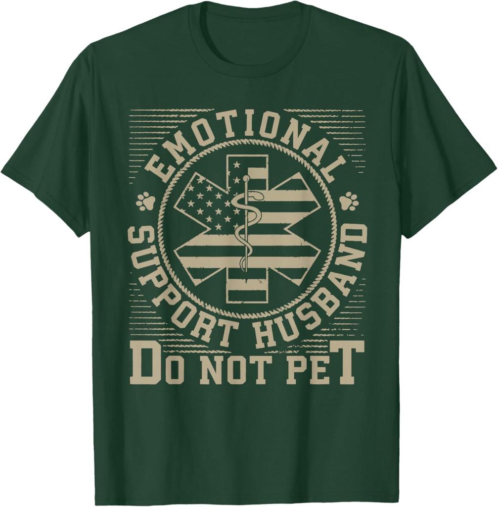 Emotional Support Husband Do Not Pet EMS Star TShirt Casual Mens Graphic Tee