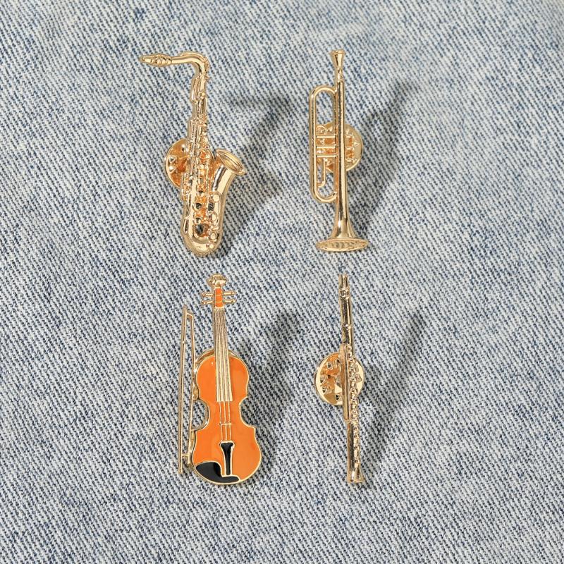 1Pcs Symphony Orchestra Badge Funny Musical Instruments Enamel Brooches Trumpet Clarinet Saxophone Violin Shaped Golden Pins