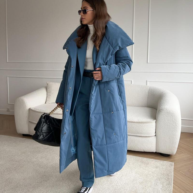 Dámské podzimní zimní nadměrné teplé bundy s páskem Módní bundy Volné Jednobarevné Ležérní kabáty Bunda vycpaná bavlnou