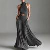 Women Sleeveless High Neck Crop Top Maxi Skirt Set Solid Color Elegant Casual Two Piece Outfit