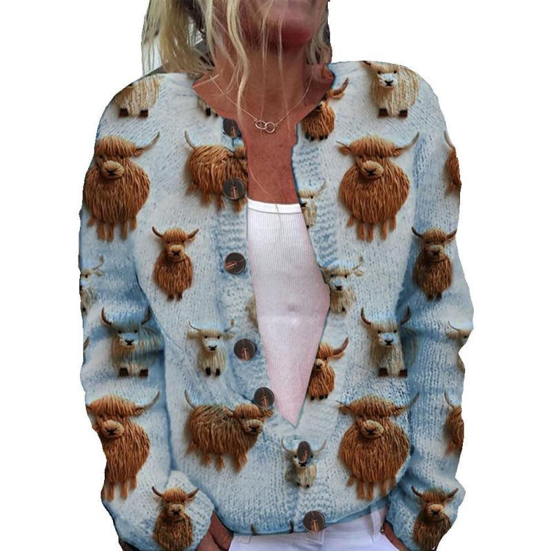 Cardigan Tricot Femme Col Rond Boutonnage Simple Imprimé Floral Manches Longues Vêtement d'Extérieur Décontracté