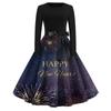 Women's Vintage Classic Dress Long Sleeve 2024 New Year Printed Ound Neck Swing Dress