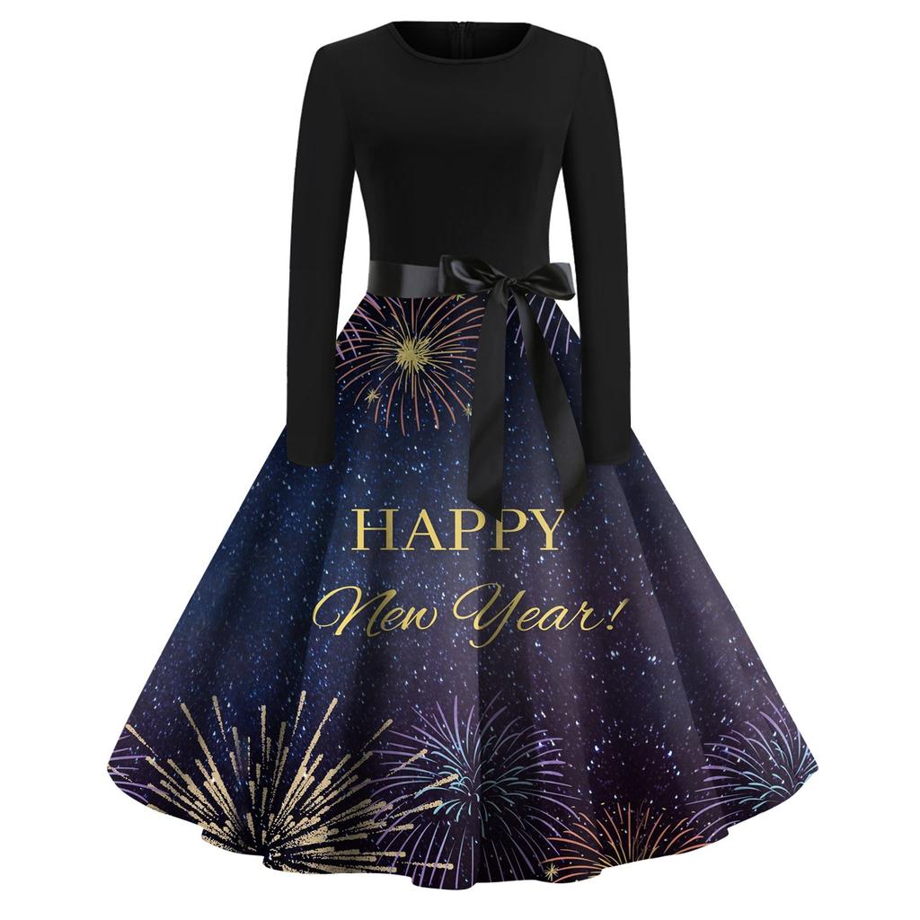 Women's Vintage Classic Dress Long Sleeve 2024 New Year Printed Ound Neck Swing Dress