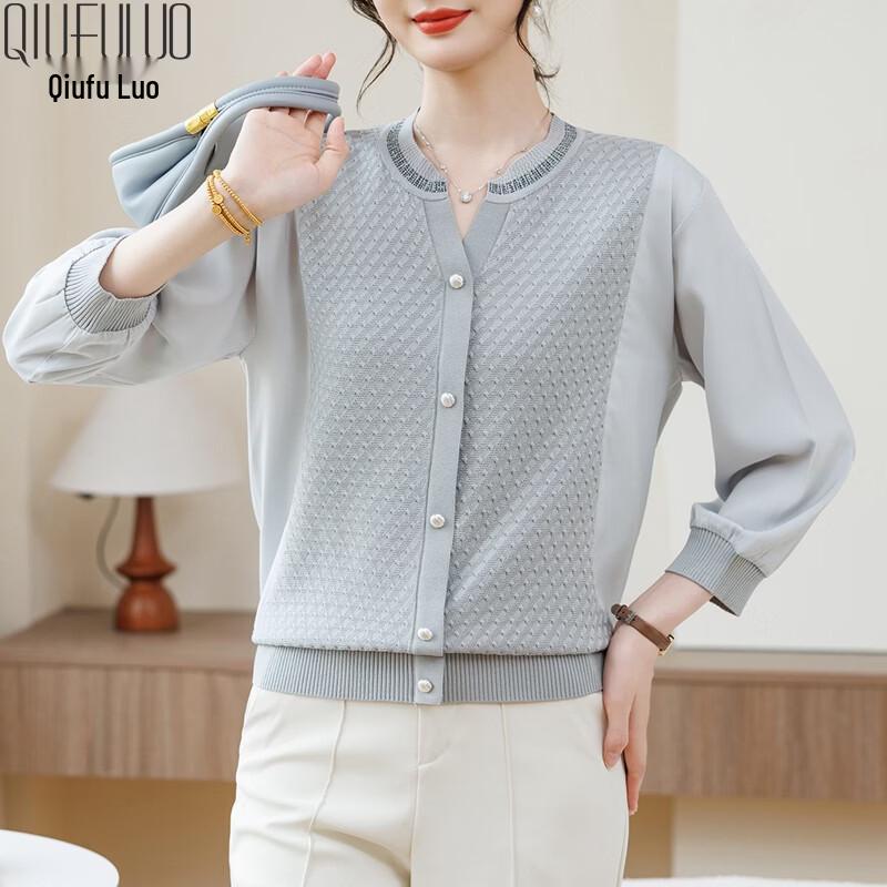 Elegant Middle-Aged Women s Beaded V-Neck Knit Cardigan L