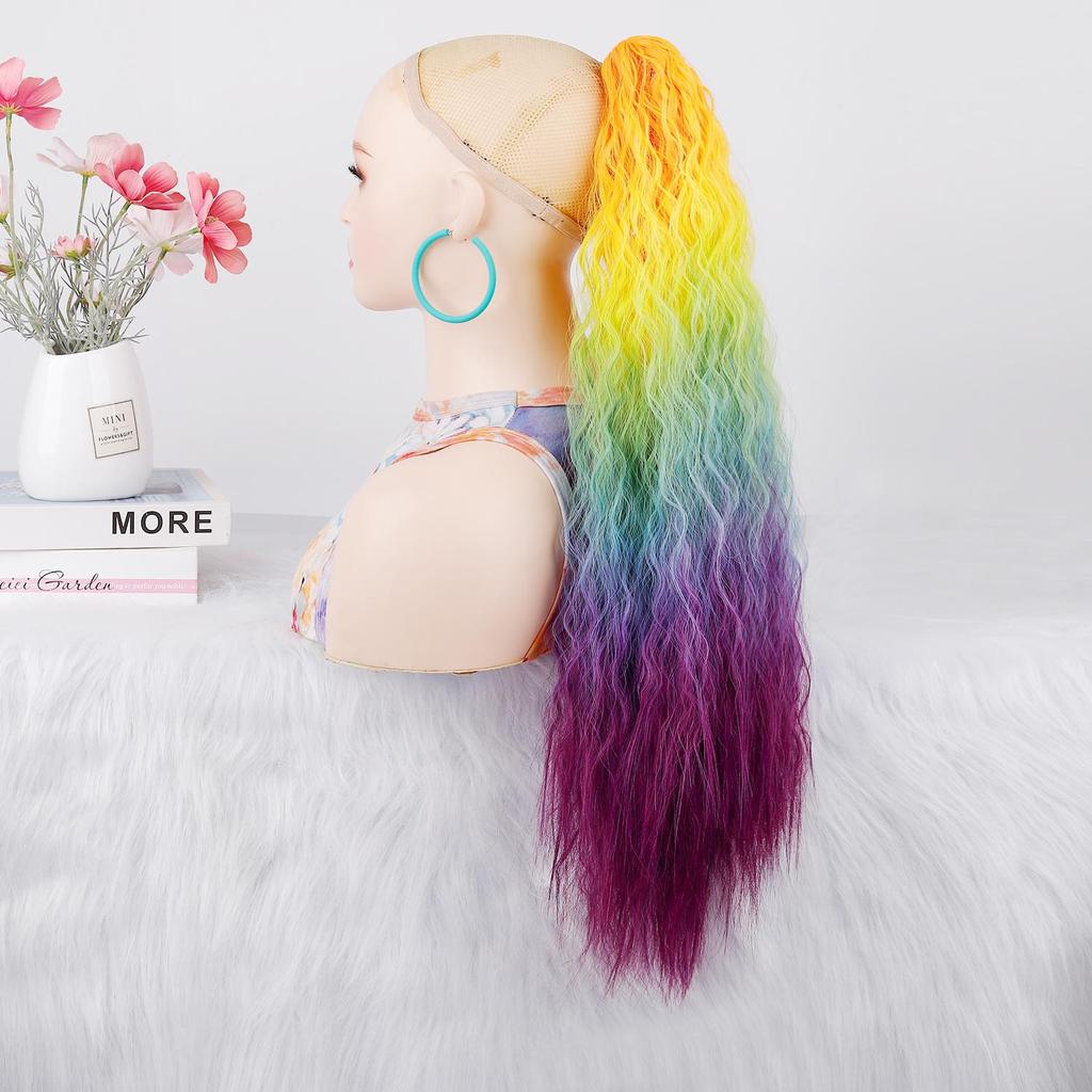 Ponytails Rainbow Ombre Gradient Color Long Curly Ponytail Hair Extension with Claw Instant Styling Hairpiece for Women