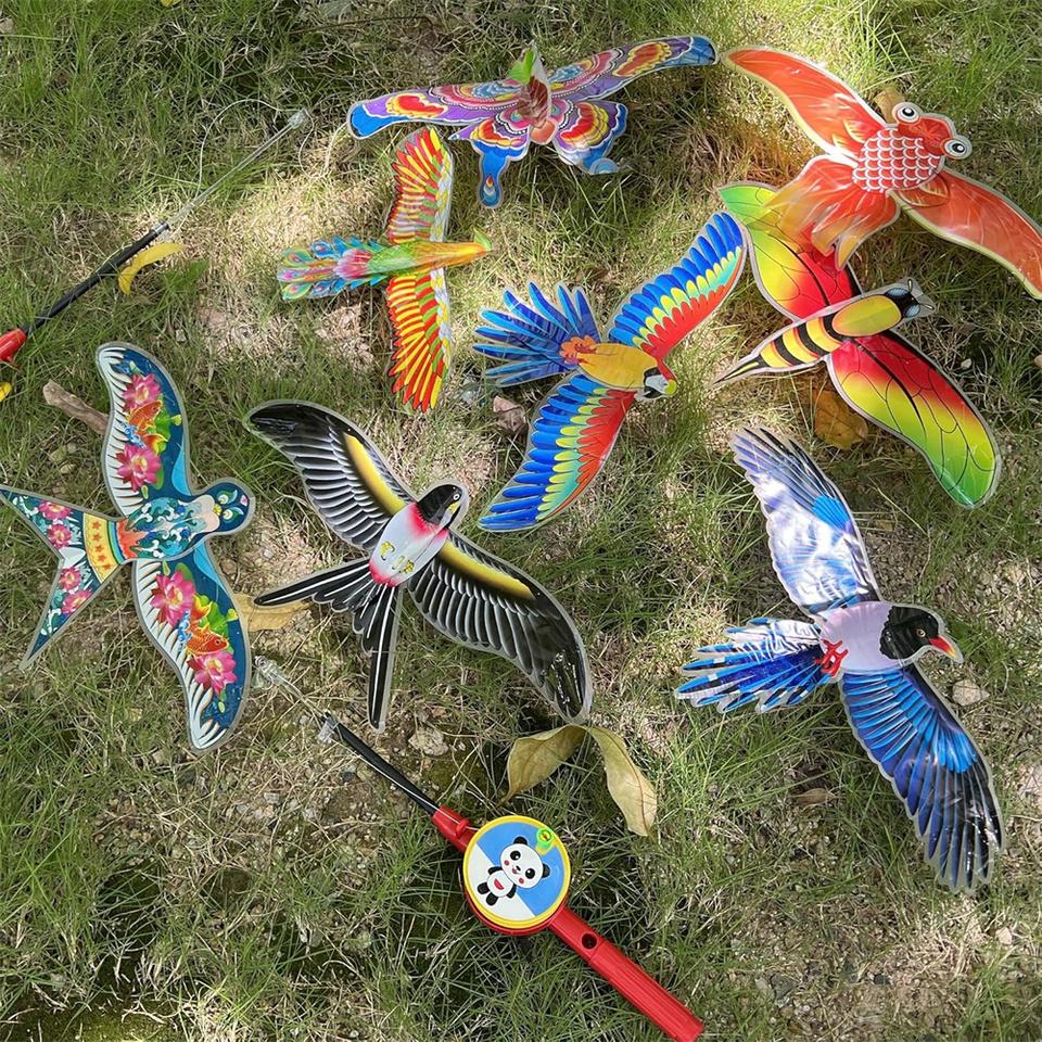 Mini Fishing Rod Kite Easy To Fly Foldable Cartoon Butterfly Swallow Parrot Kites for Kids Outdoor Beach Park Beginner Toy