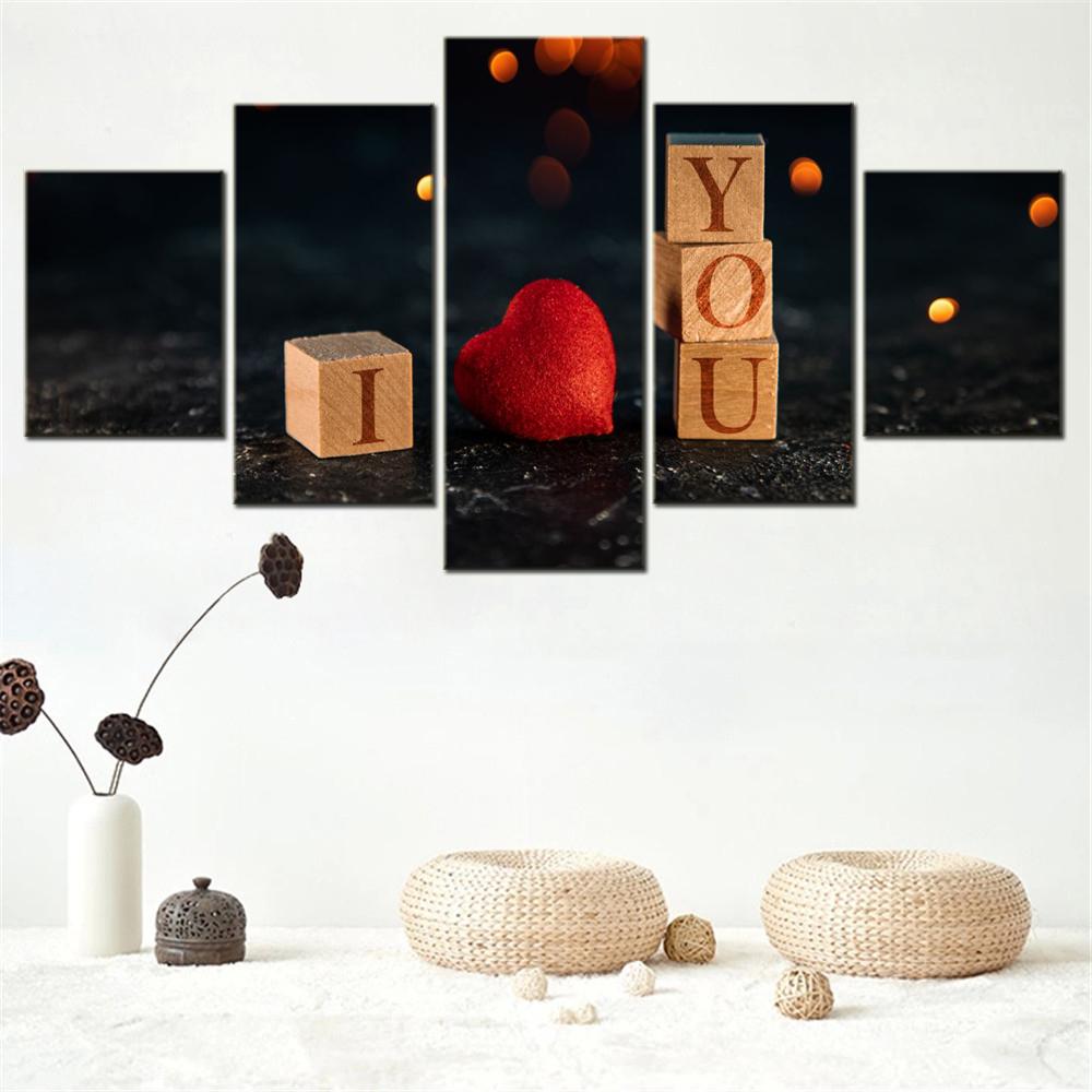 5 Pieces Canvas Wall Arts Poster Painting Love I Love You Love Heart Wallpaper Home Decor Picture Printing Living Room Mural