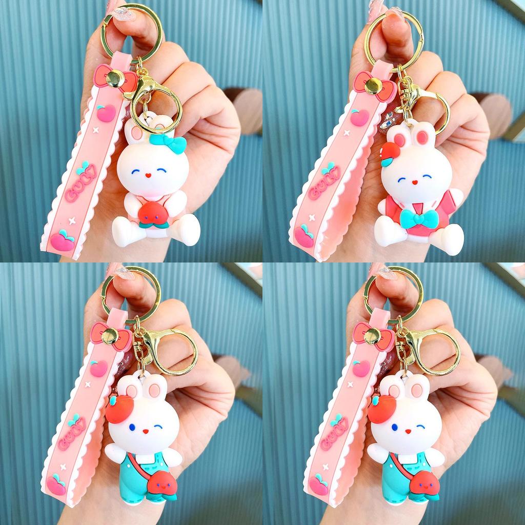 Adorable Cartoon Bunny Keychain Soft Rubber White Rabbit Peach Dressed