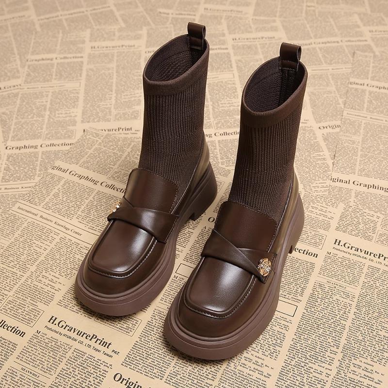 Leather short boots women's new thin boots autumn and winter flat Martin boots elastic boots autumn and winter thin