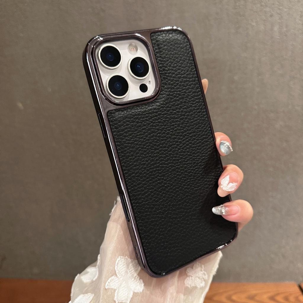 Applicable to Apple 17Air lychee leather pattern mobile phone case iPhone16promax electroplating 15 anti-drop all-inclusive.