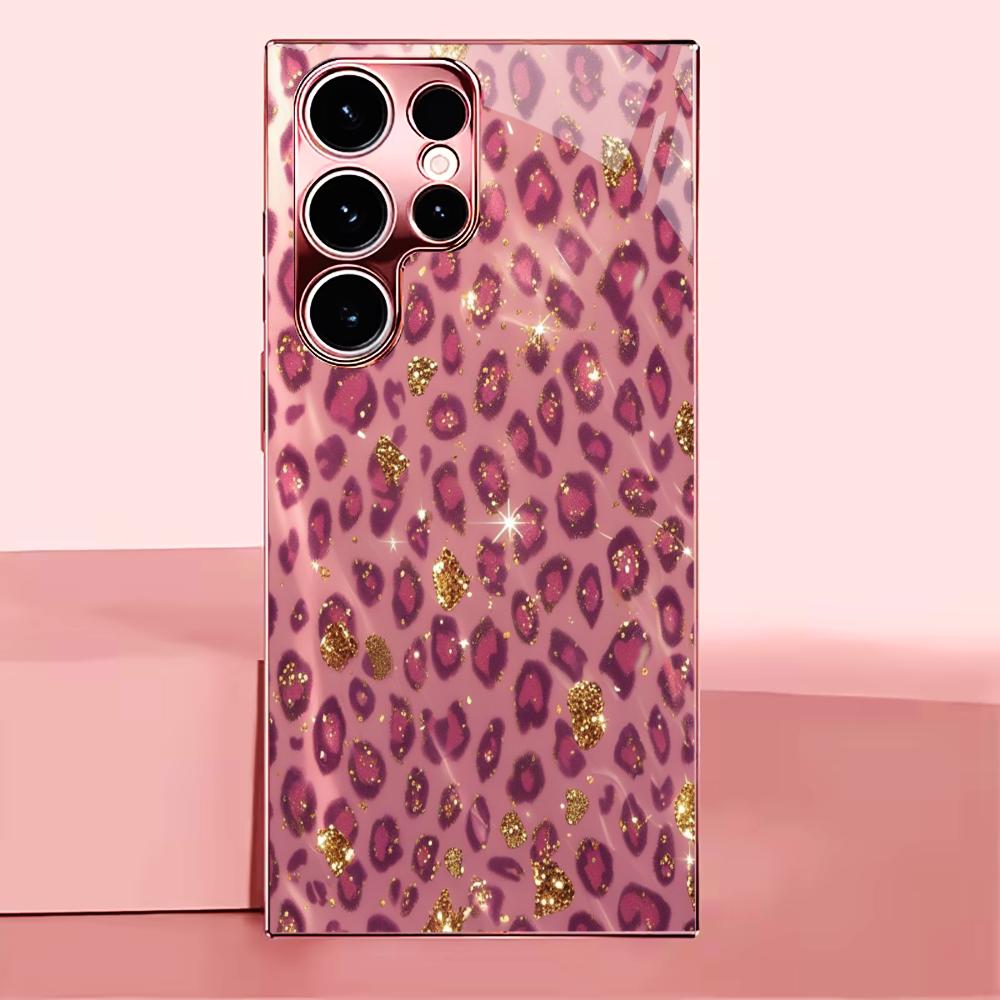 Pink leopard print PhoneCase for Samsung Galaxy S26 S25 S24 S23 S22 FE Ultra Plus Built-in glass feel bare machine Women's style