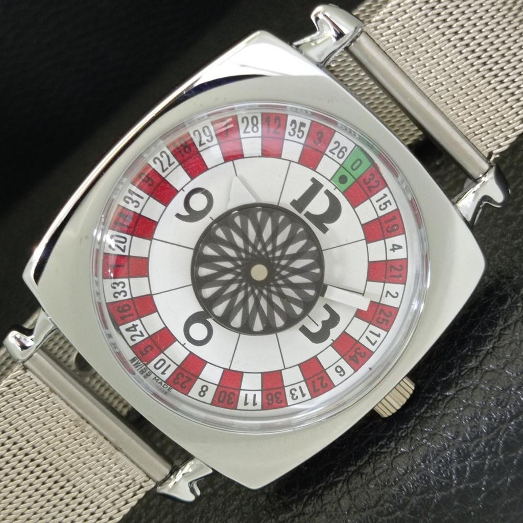 HAND-WINDING SWISS MENS VINTAGE POKER FACE REFURBISHED WHITE WATCH a700909-5 R205a-a700909