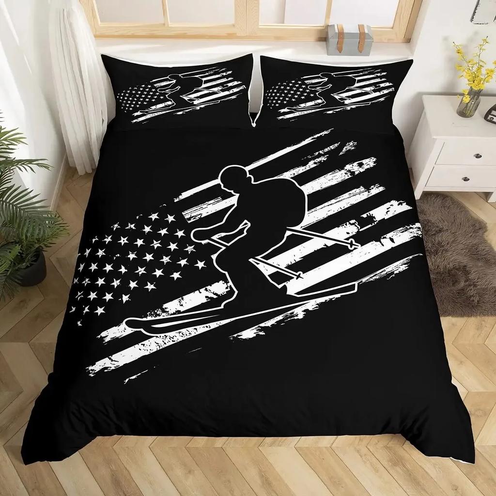 Ski Sports Duvet Cover Set Full Size Winter Sports Skiing Bedding Sets Snow Mountain Landscape Comforter Cover for Boys Girls