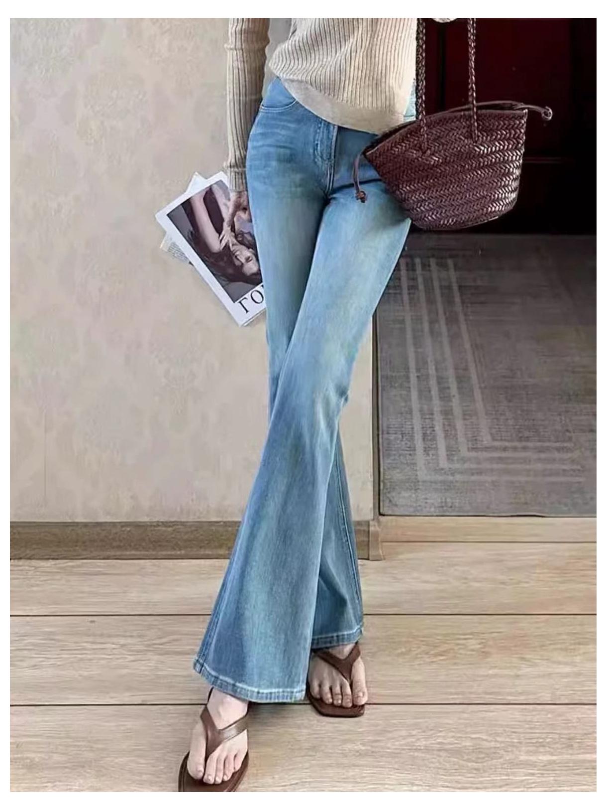 

ZhiZhi 2025 Autumn High-Waisted Micro-Flare Blue Jeans - Slim Fit, Stretchy, Retro-Style Long Pants 29