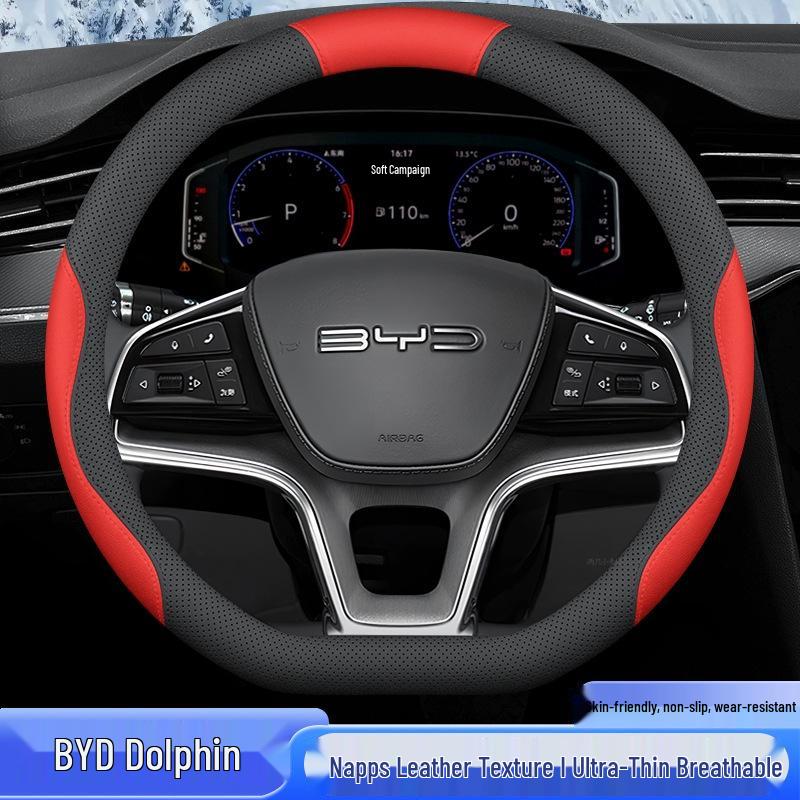 Genuine leather, hand-stitched non-slip steering wheel cover for BYD Dolphin 2021-2023 models.