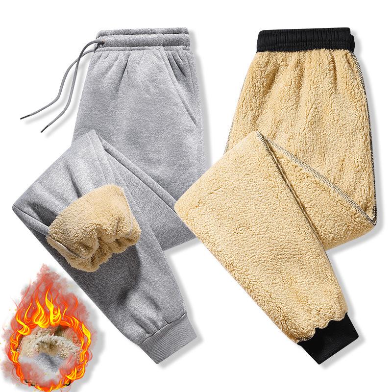 Pants for men in autumn and winter, thickened with fleece for outerwear, casual pants, warm lamb wool sports sweatpants