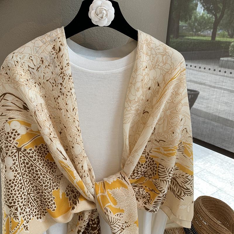 Yellow Flower Printed Large Scarf For Women Summer Sun Protection Air Conditioner Shawl
