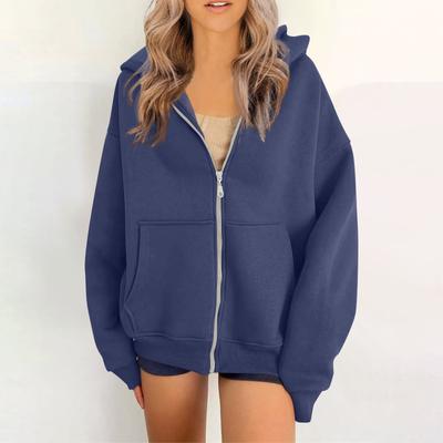 Casaco feminino liso casual com zíper e capuz, cardigan com bolsos