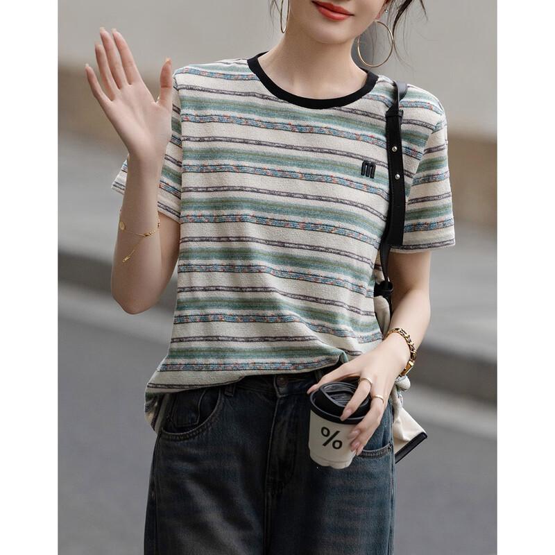 Women s Striped Embroidered Short Sleeve T-Shirt S