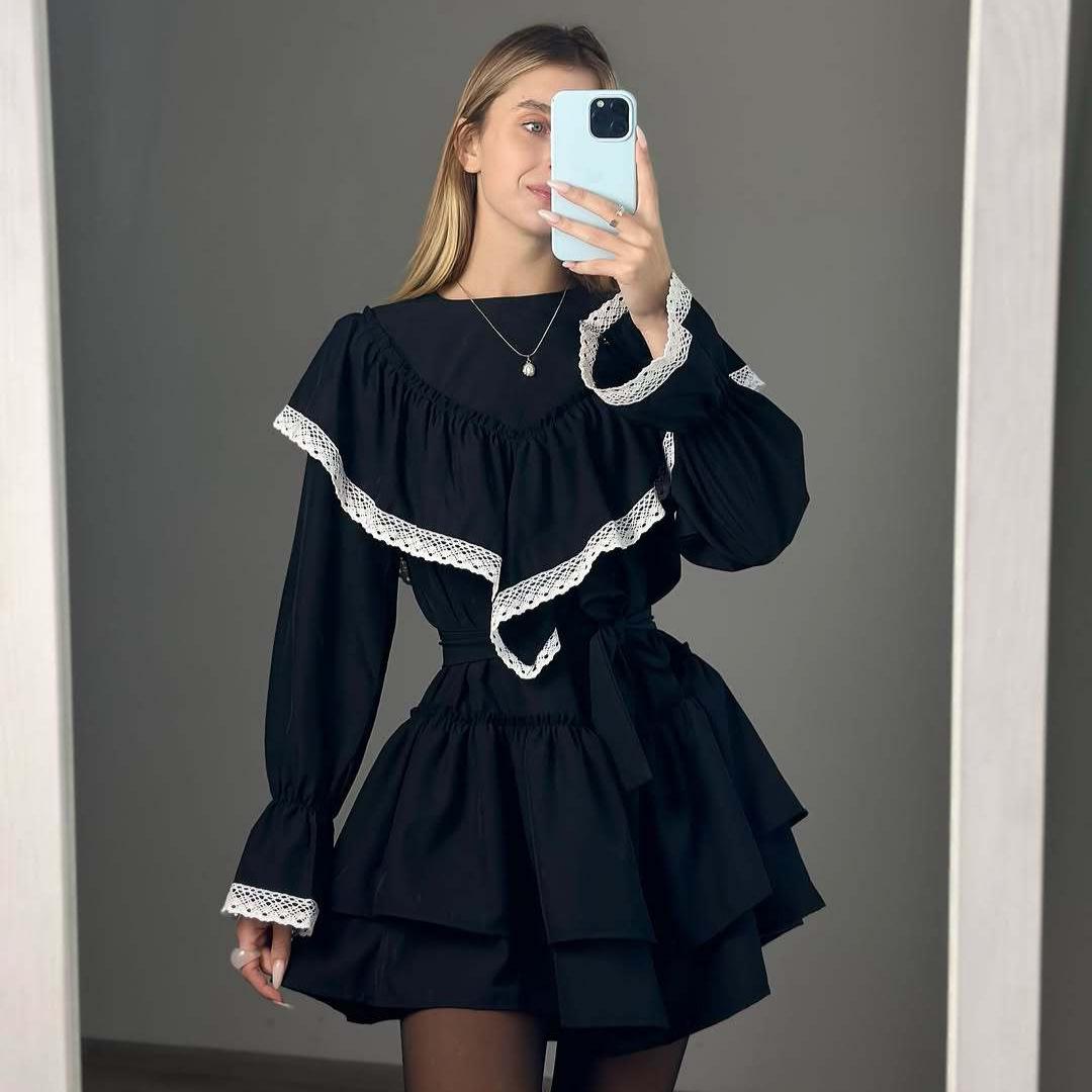 

2026 Spring New Bell Sleeve Ruffle Hem Lace Patchwork Dress Large