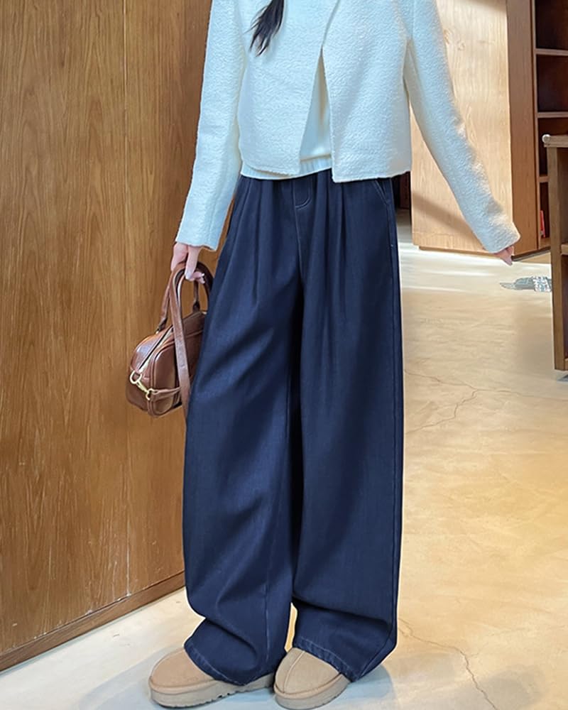 HIMATI Warm and Long Pants for Fall and Loose Fluffy Dblue XL Women's Fleece-Lined Pants, Warm, Winter, Thick, Wide-Length, Fit, - -