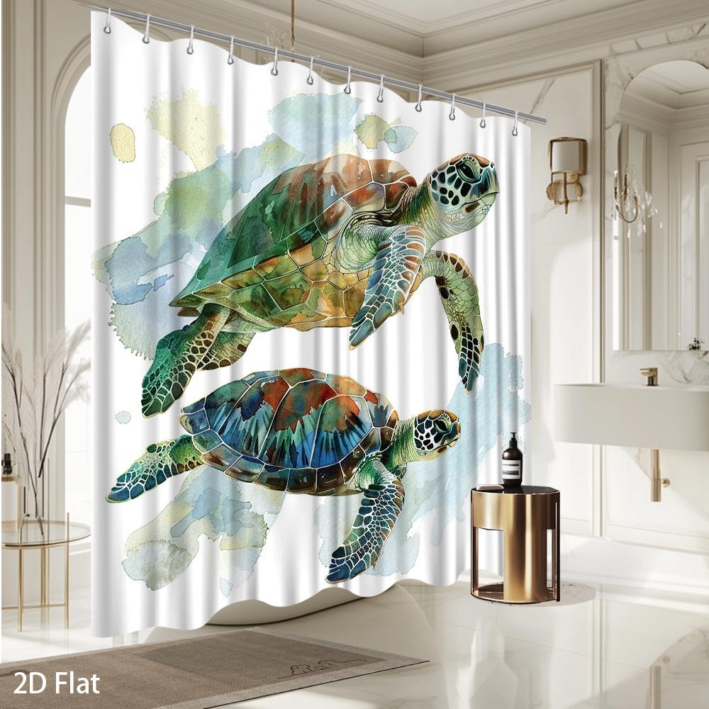 Watercolor Sea Turtle Shower Curtain – Ocean-Themed Art, Swimming Turtles On White Background, Polyester, Includes Hooks