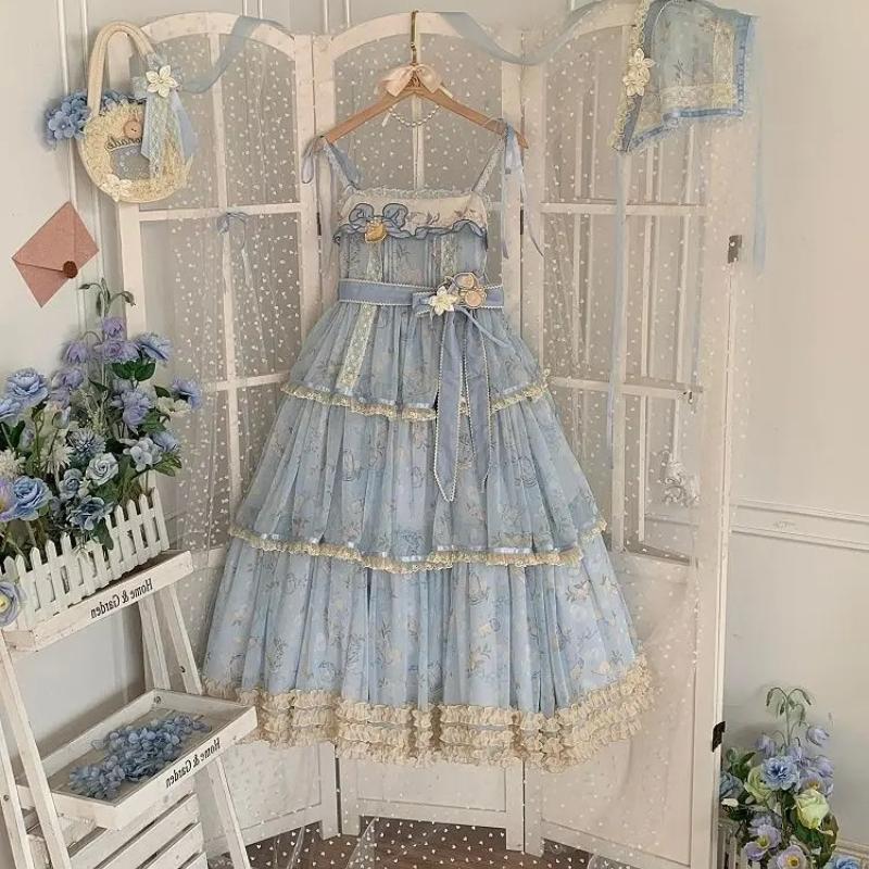 Sweet Lolita Lace Spaghetti Strap Dress Women Elegant Ruffle Trim Princess Long Dress Vintage Floral Tiered Ball Gown Outfit