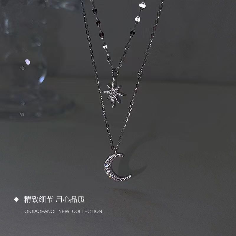 Zilveren flits diamant ster maan dubbele ketting niche dames sleutelbeenketting designgevoel lichte luxe nieuw