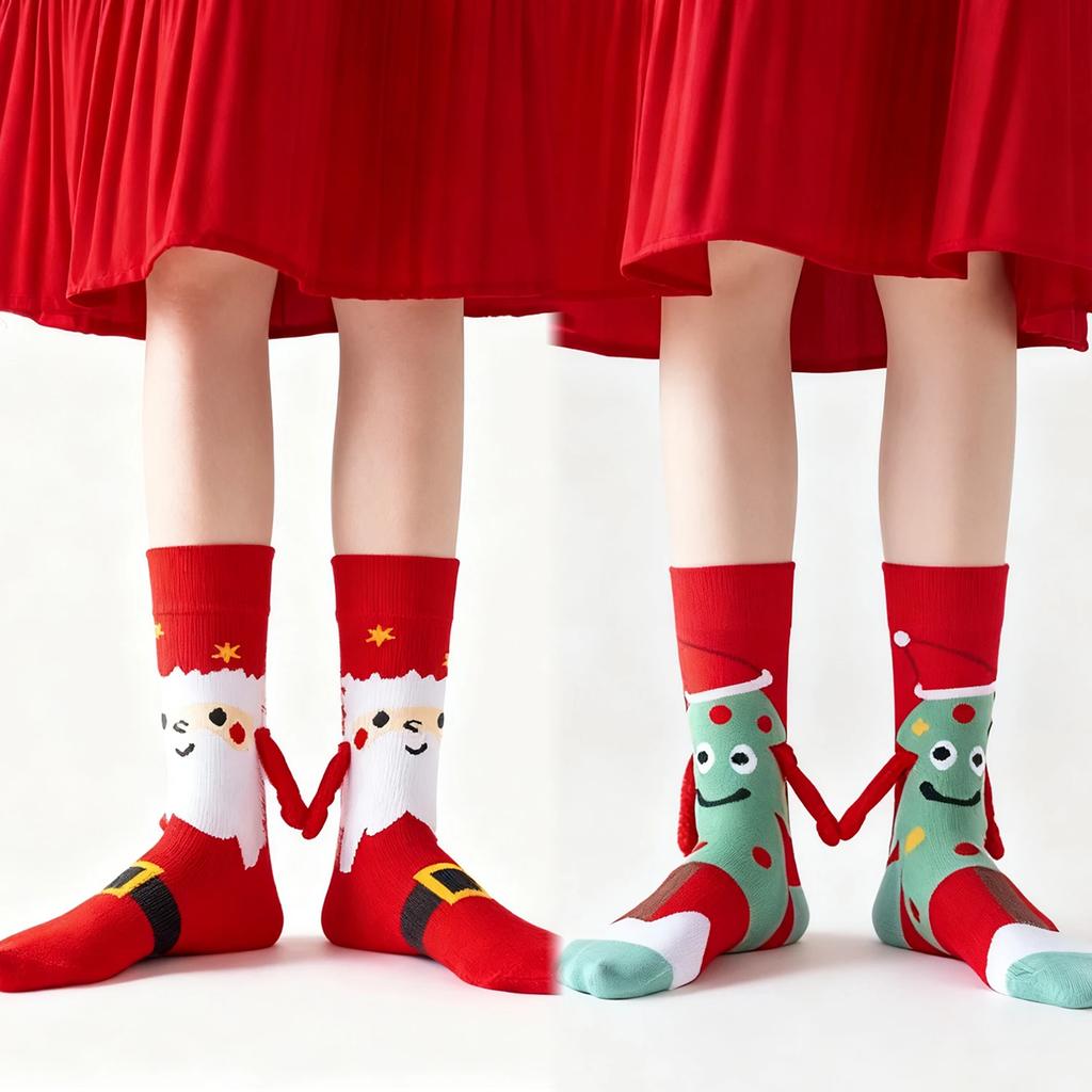 2026 New Women Winter Christmas Hand in Hand Socks Mid Tube Pure Cotton Magnetic 3D Creative Personalized Couple Socks