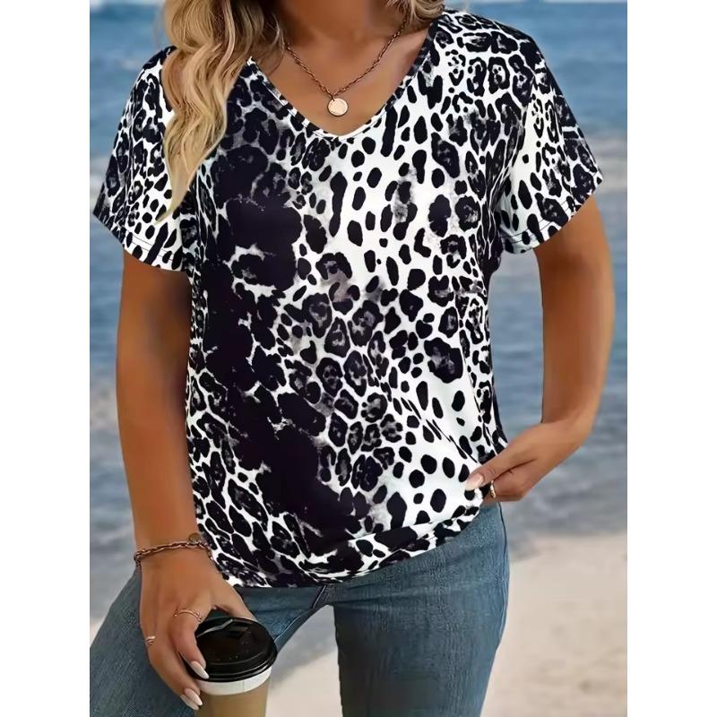 3D T-shirt Women Summer Casual Elegant Simple V-neck Short-sleeved Floral Retro Top Loose Casual Wear Ladies T-shirt