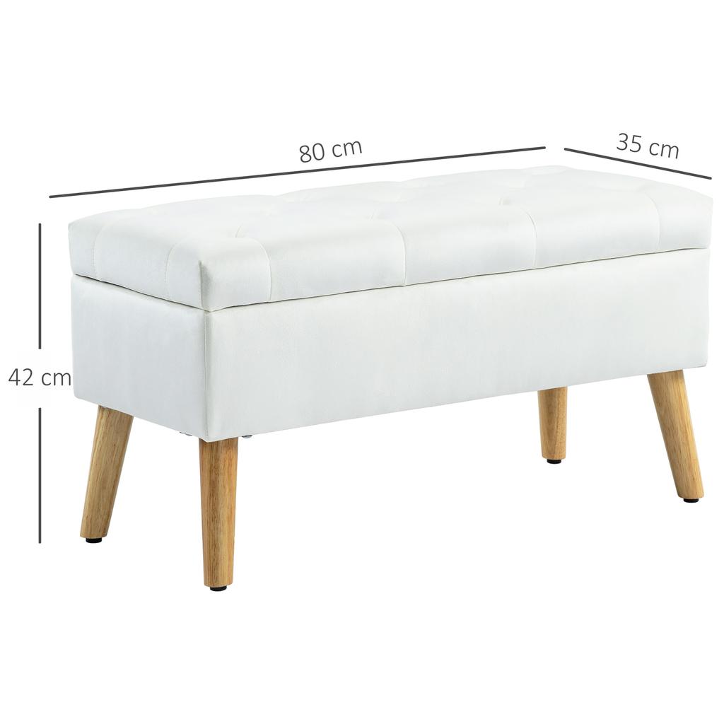 Upholstered Storage Bench, Velvet-Look Fabric Cover, Wooden Legs, for Living Room, Bedroom, Hallway, 80 x 35 x 42 cm, White