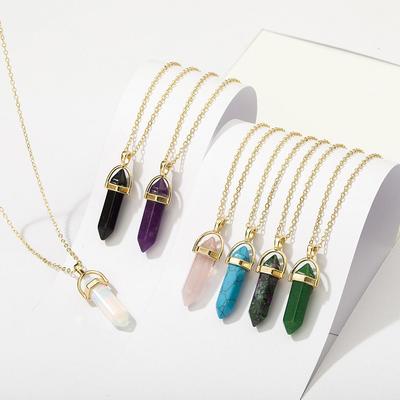 2023 Hexagonal Column Natural Stone Pendant Necklace, Multi-color Fashion Jewelry for Women