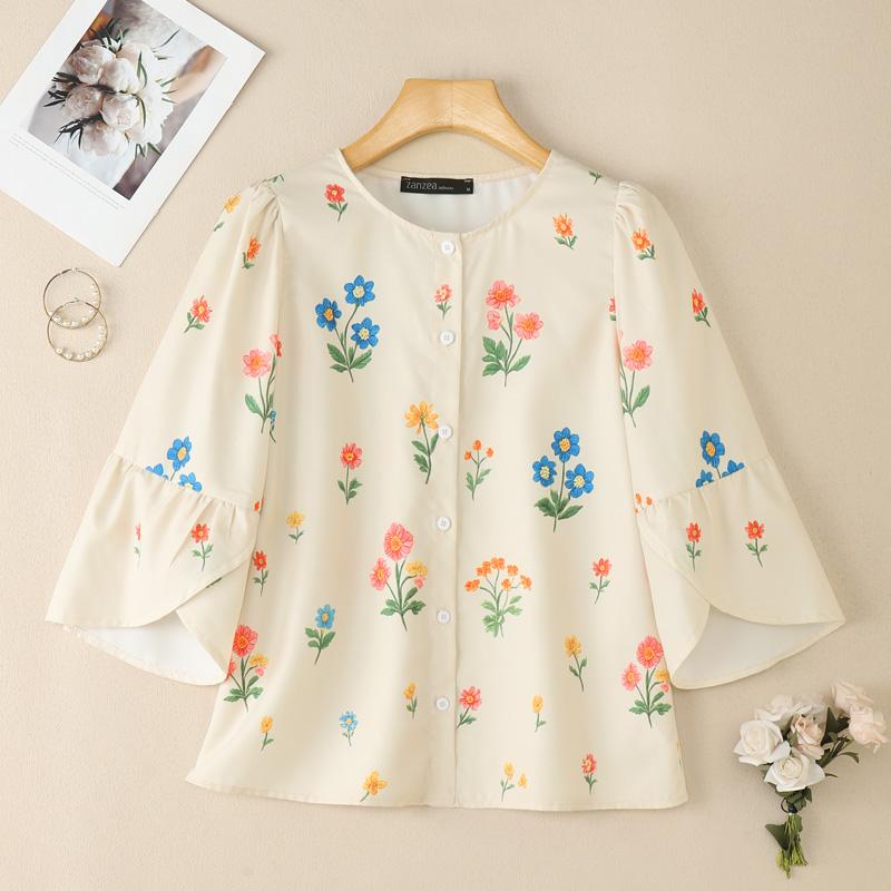 

ZANZEA Женская повседневная блузка с круглым вырезом, рукавами 3/4, свободного кроя, с цветочным принтом S абрикосовый