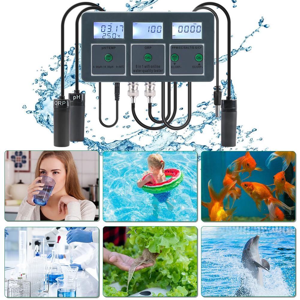 8in1 WiFi Online Water Quality Monitor PH ORP TDS EC Salt S.G Temp CF Meter Tuya APP Aquarium Controller Data Logger Backlight