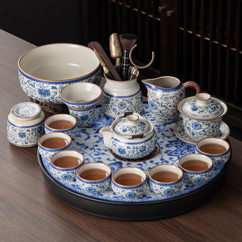 

New Ru Kiln Ceramic Kung Fu Tea Set Tea Table A complete set of home office teapot tea cup tea tray set