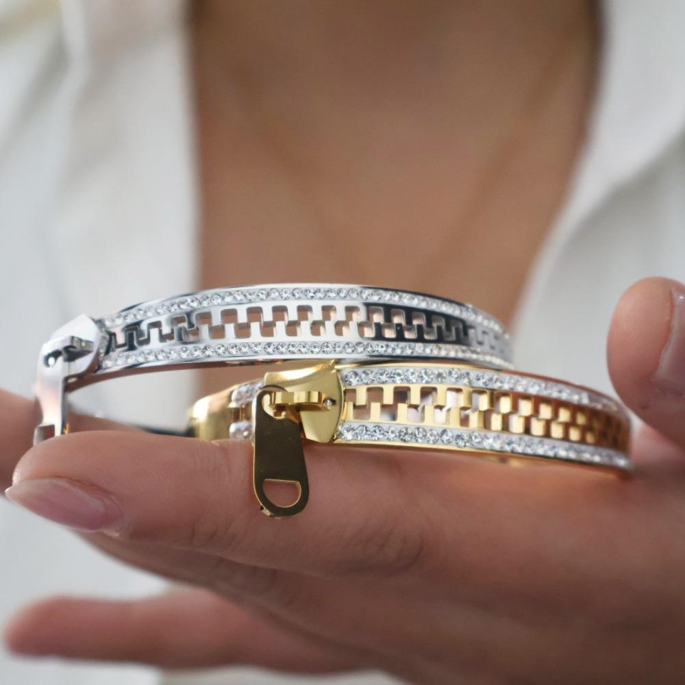 Vintage Crystal Bracelet Shiny Zip Titanium Steel Hand Chain Jewelry Zipper Bangle  Unisex