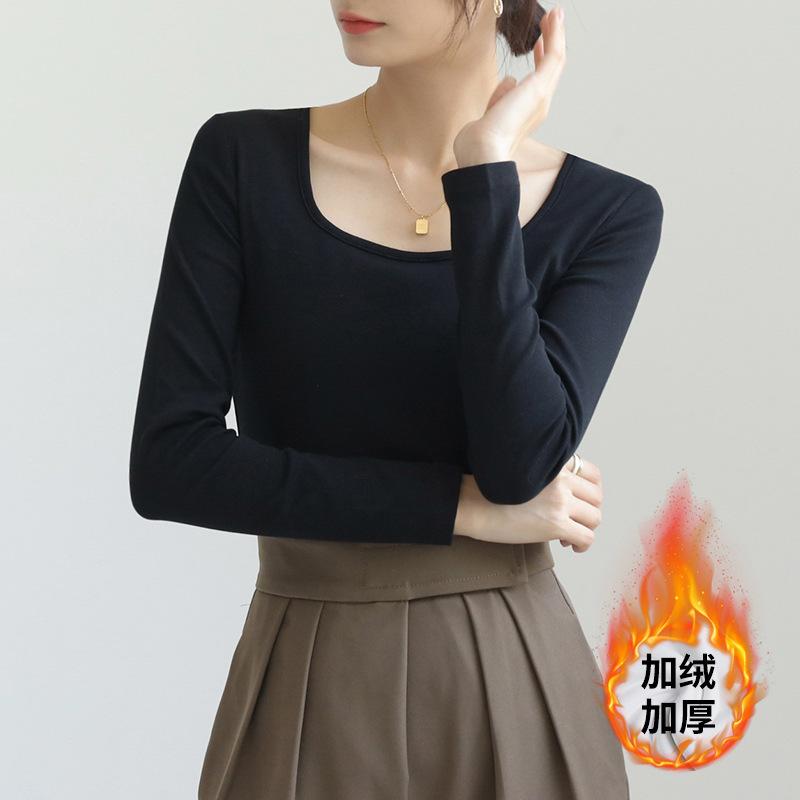 Women's Square Neck Long Sleeve T-Shirt Slim Fit Solid Cotton Casual Basic Undershirt Autumn Commuter Top
