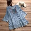 Women Plus Size Loose Shirt Half Sleeve Lace Flower Embroidery