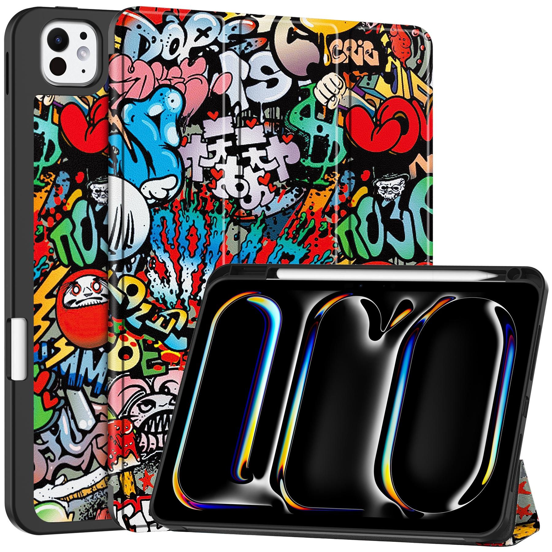 

For iPad Pro 11 (2024) Case Pattern Printing PU Leather Tri-Fold Stand Cover with Pen Slot Graffiti
