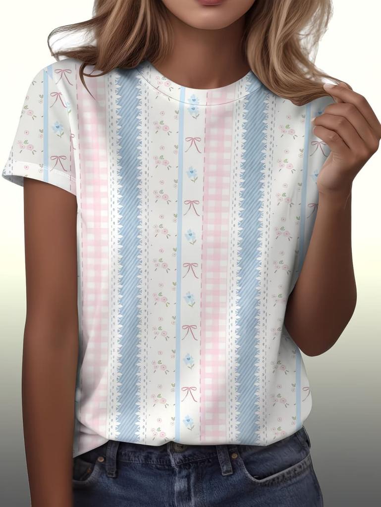 Women's Contrasting Striped Printed T-Shirt Round Neck Loose Short Sleeved Fashion Simple Commuting Top Y2k Tee Woman Clothing